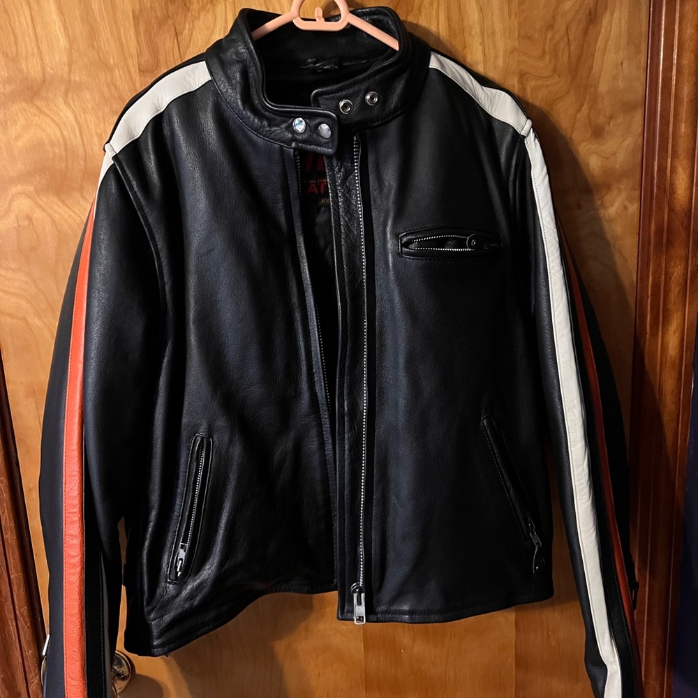 Classic Black Leather Jacket with White and Orange Stripes